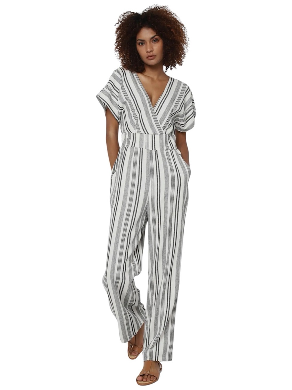 American Eagle Outfitters Striped Linen Blend V-Neck Wide Leg Jumpsuit Size XS